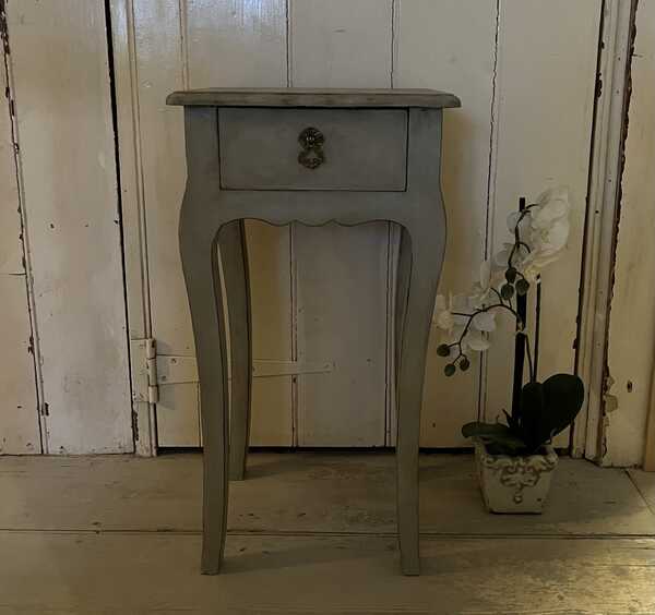 Sweet Narrow Grey Hand Painted Rustic French Country Brocante Style Bedside Table