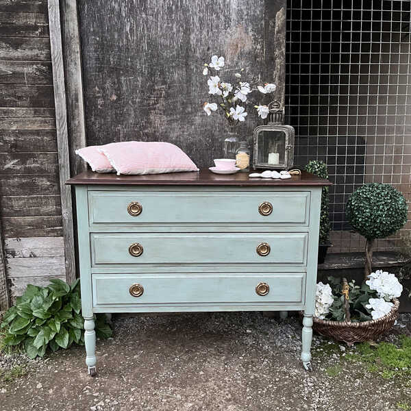 Lovely Duck Egg Blue Painted Country Style Vintage Chest of Drawers on Castors