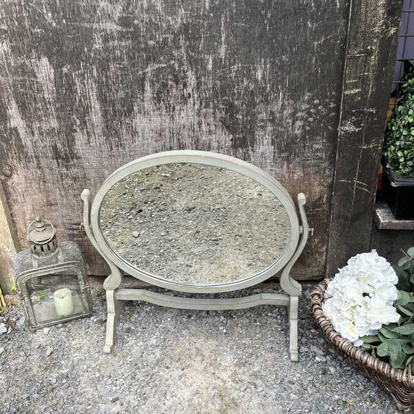 Grey Hand Painted Antique Oval Adjustable Regency Gustavian Country Table Mirror