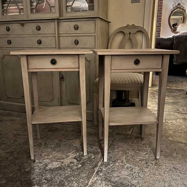 Matching Pair of Sleek Gustavian Country Style Grey Hand Painted Bedside Tables