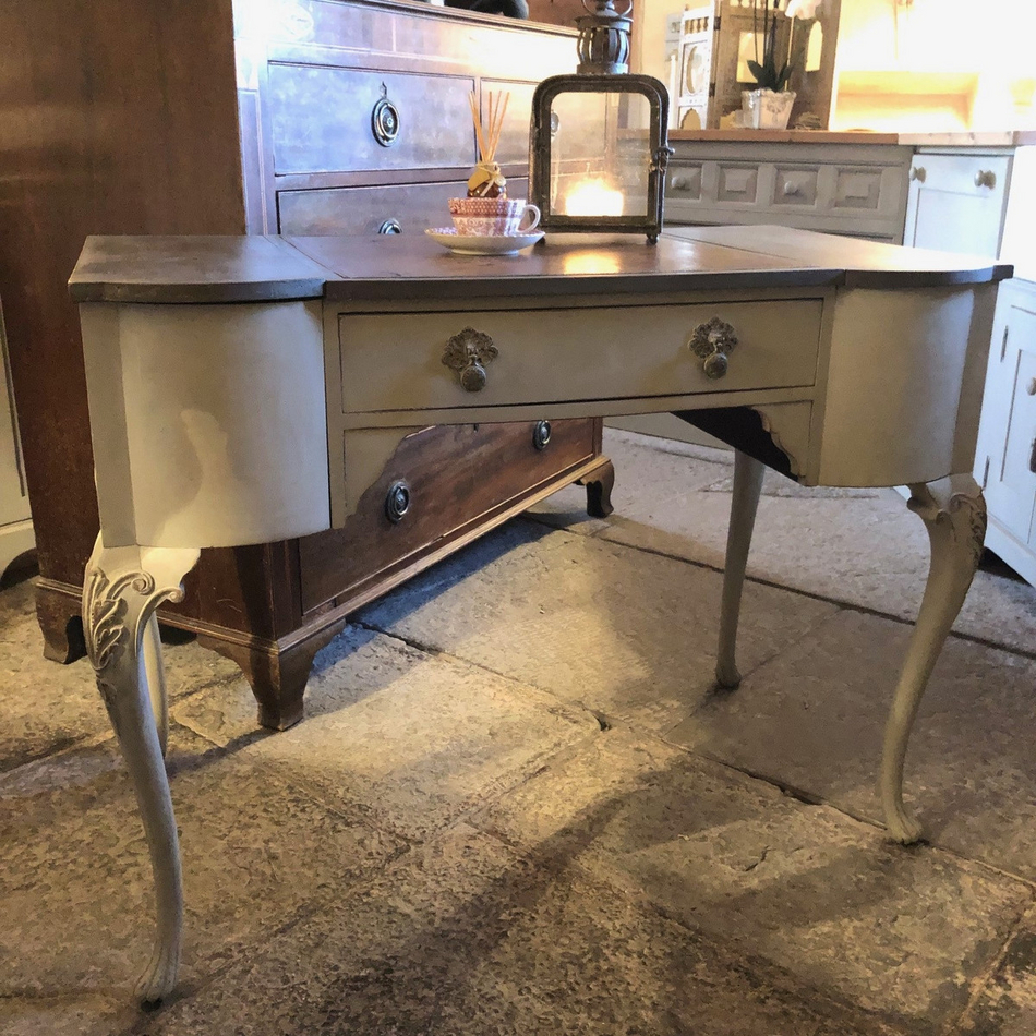 RESERVED! Grey Antique French Style Lady's Writing Desk Leather Top