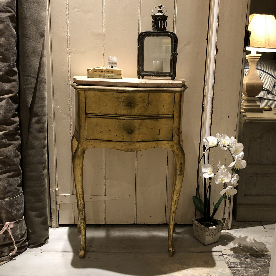 Gold Gilded French Country Vintage Pink Marble Top Bedside
