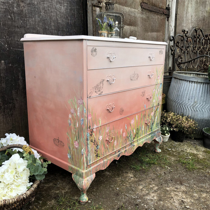 Pink Boho Bohemian Style Flower Motif Hand Painted Vintage