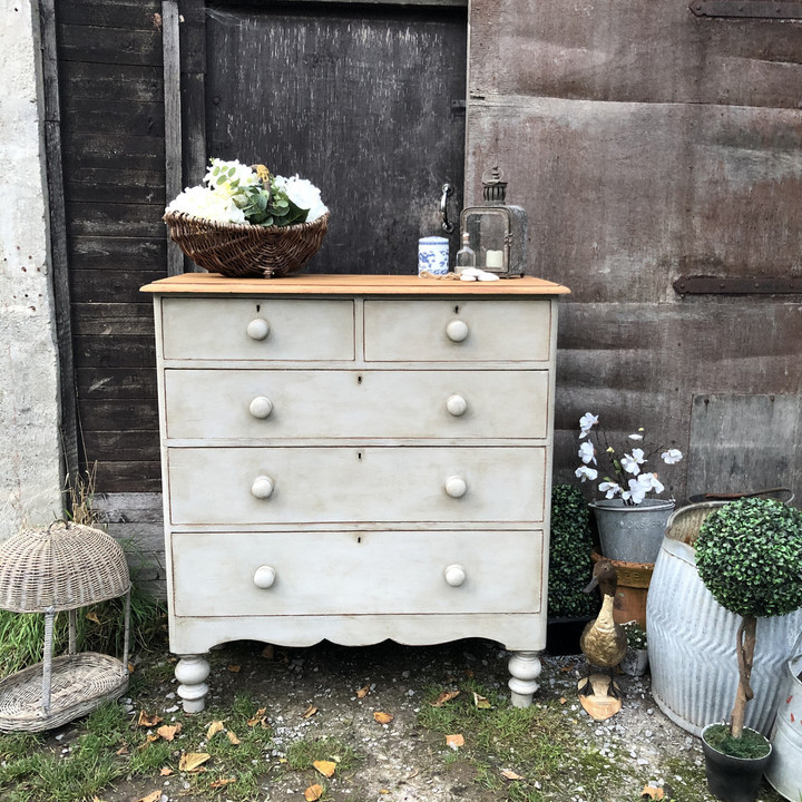 Grey Painted Antique Victorian Country Farmhouse Chest of Drawers Turned Feet Shop Crown