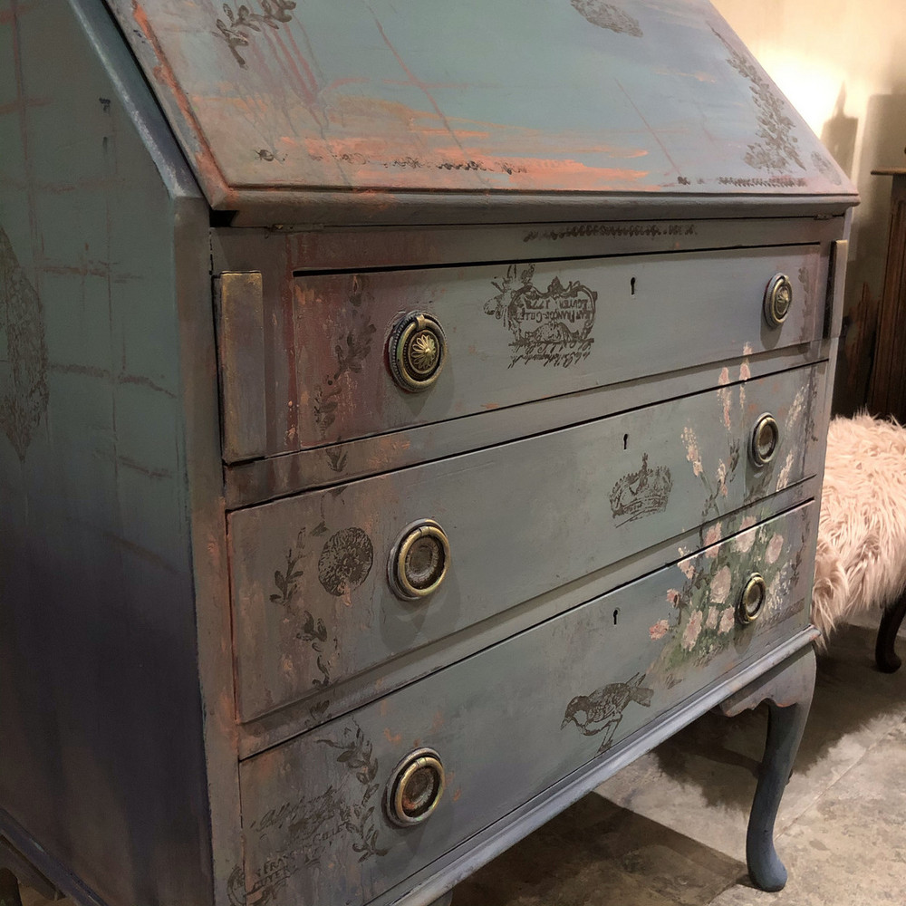 Light Blue Turquoise Pink Flower Boho Painted Vintage Bureau Chest