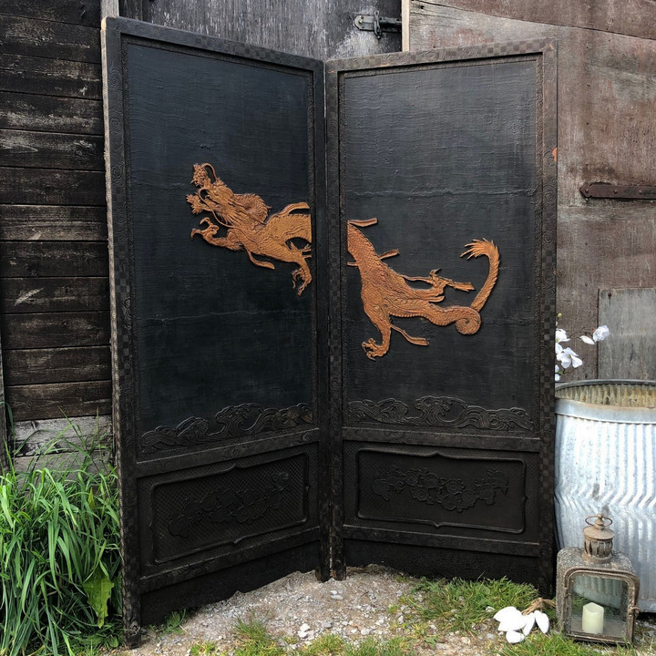 Stunning Black Vintage Ornate Dragon Oriental Asian Chinese Screen Bed